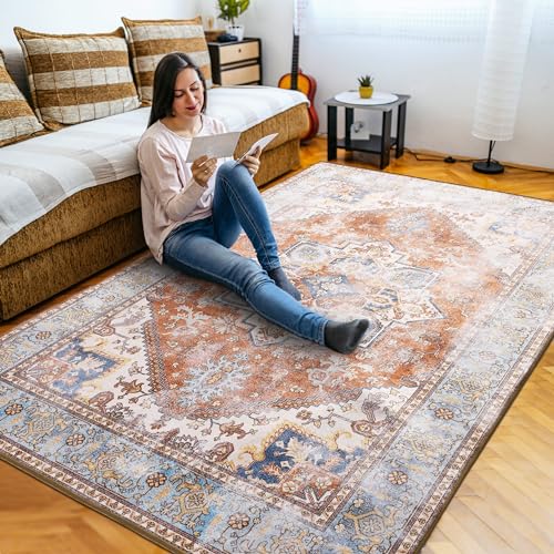 Brick/Blue Soft Area Rug 4x6, Washable Vintage Rug