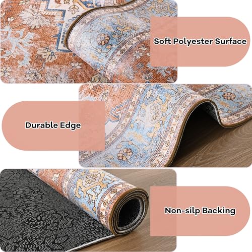 Brick/Blue Soft Area Rug 4x6, Washable Vintage Rug