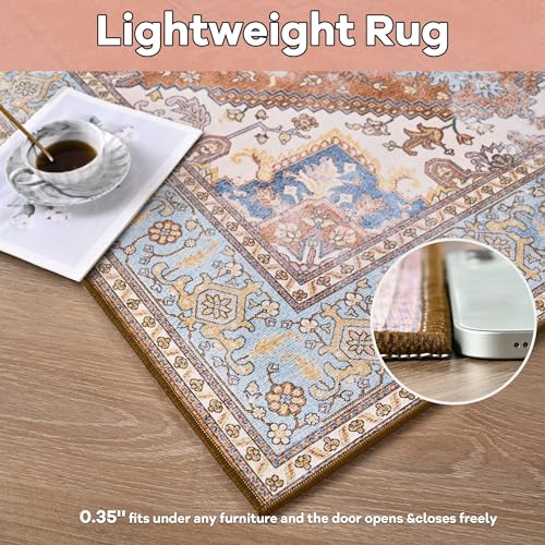 Brick/Blue Soft Area Rug 4x6, Washable Vintage Rug