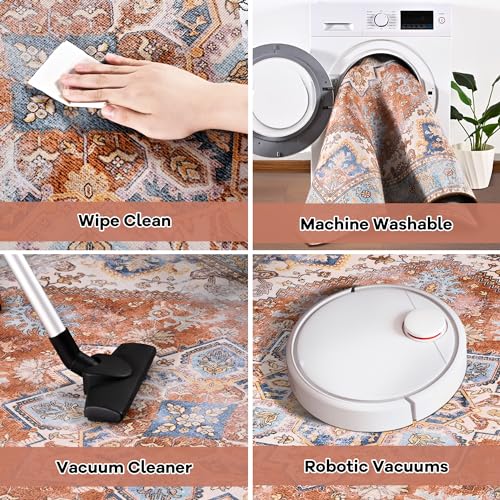 Brick/Blue Soft Area Rug 4x6, Washable Vintage Rug