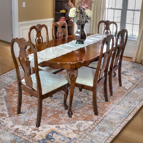 Brick/Blue Soft Area Rug 4x6, Washable Vintage Rug