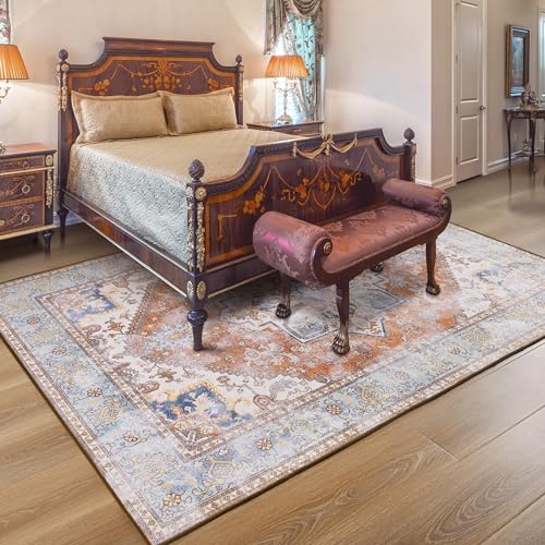 Brick/Blue Soft Area Rug 4x6, Washable Vintage Rug