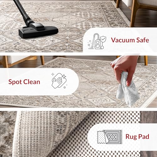 5x8 Beige Traditional Tiled Area Rug, Stain-Resistant