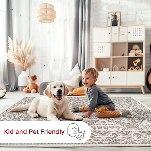 5x8 Beige Traditional Tiled Area Rug, Stain-Resistant