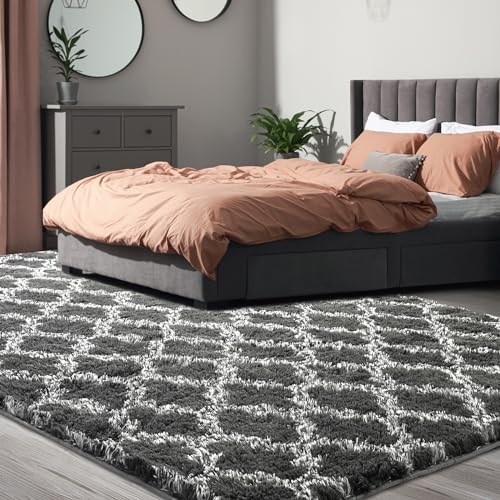 Geometric Dark Grey/White Plush Area Rug 4x6 Feet