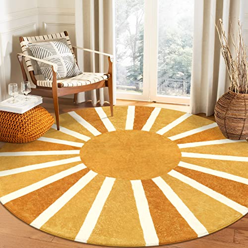 Boho Rainbow Sun Round Rug - Washable, Non-Slip
