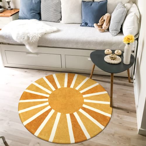 Boho Rainbow Sun Round Rug - Washable, Non-Slip