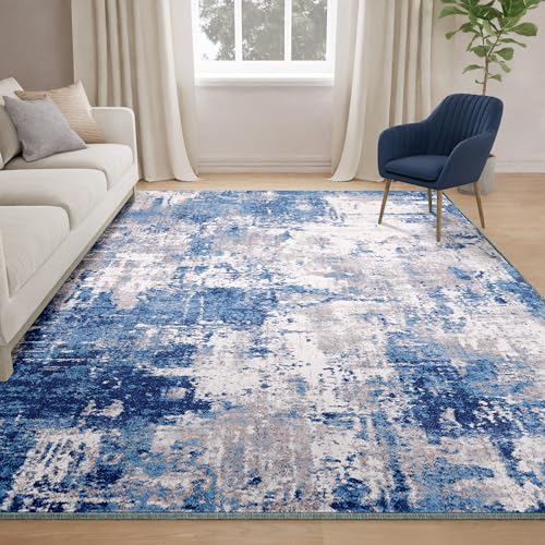 Modern Abstract Blue Gray 5x7 Washable Non-Slip Area Rug