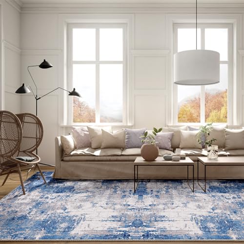 Modern Abstract Blue Gray 5x7 Washable Non-Slip Area Rug