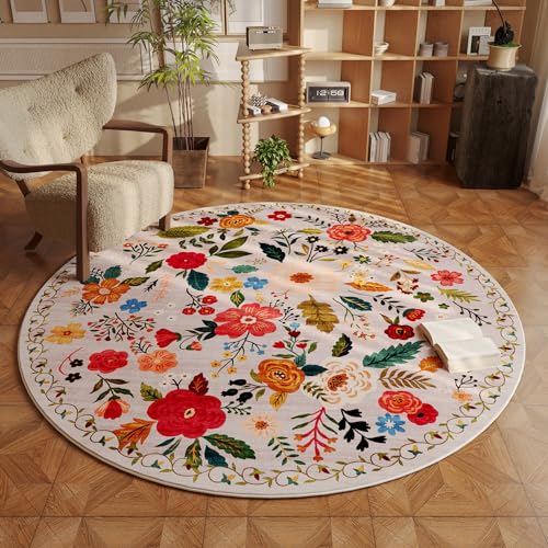 Beige Boho Floral Round Washable Circle Rug 4ft