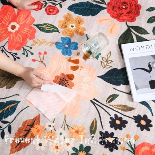 Beige Boho Floral Round Washable Circle Rug 4ft