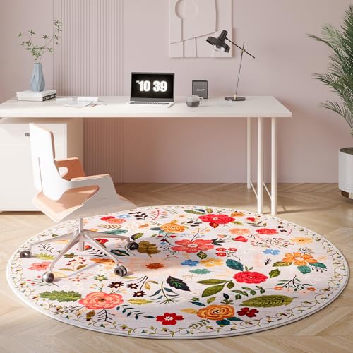 Beige Boho Floral Round Washable Circle Rug 4ft