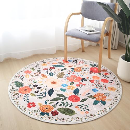 Beige Boho Floral Round Washable Circle Rug 4ft