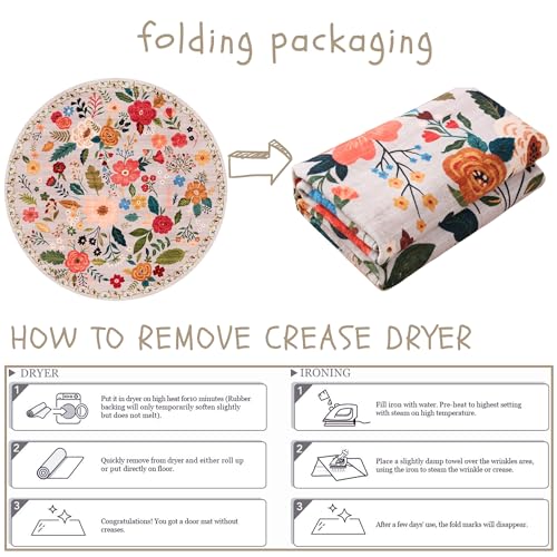 Beige Boho Floral Round Washable Circle Rug 4ft