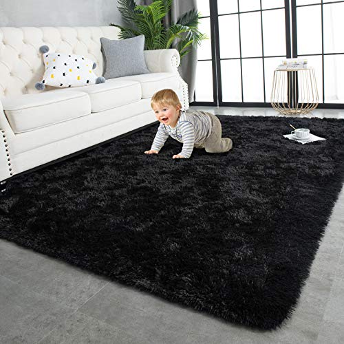 Upgrade Black Shaggy Rug for Living Room, Kids Nursery