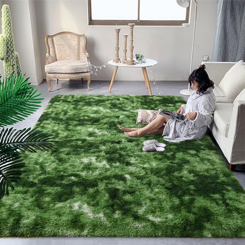 Dark Green Fluffy 4x6 ft Modern Area Rug
