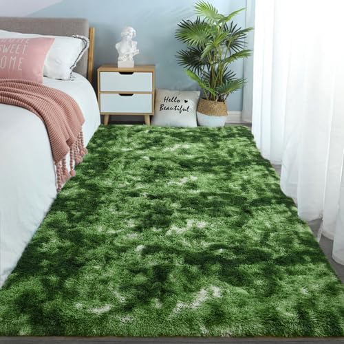 Dark Green Fluffy 4x6 ft Modern Area Rug