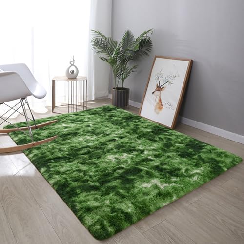 Dark Green Fluffy 4x6 ft Modern Area Rug