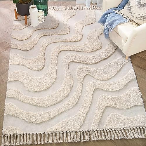 Boho Farmhouse Tassel Area Rug 3'x5' Cream Beige