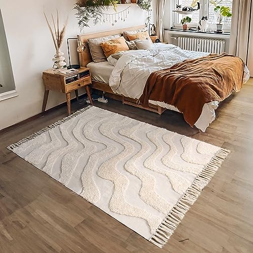 Boho Farmhouse Tassel Area Rug 3'x5' Cream Beige