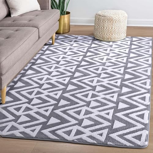 Geometric Shag Area Rug 4x6ft, Machine Washable Grey
