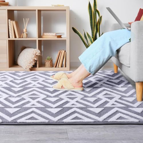 Geometric Shag Area Rug 4x6ft, Machine Washable Grey