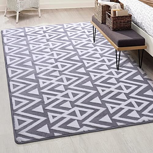 Geometric Shag Area Rug 4x6ft, Machine Washable Grey