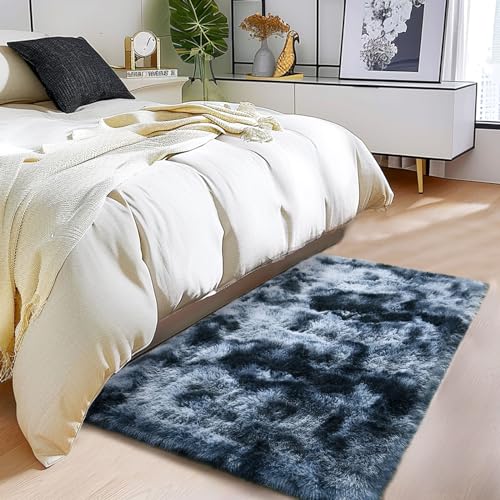 Isdook Grey Blue Tie-Dyed Fluffy Rug - 2x3 Feet