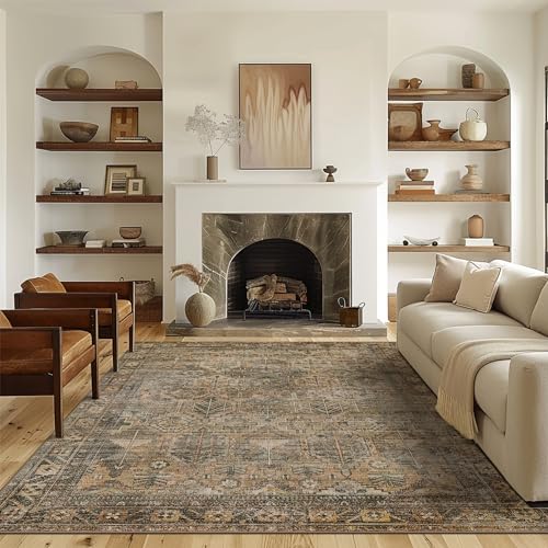 Vintage Distressed Print Area Rug 8x10 Lightweight Chenille