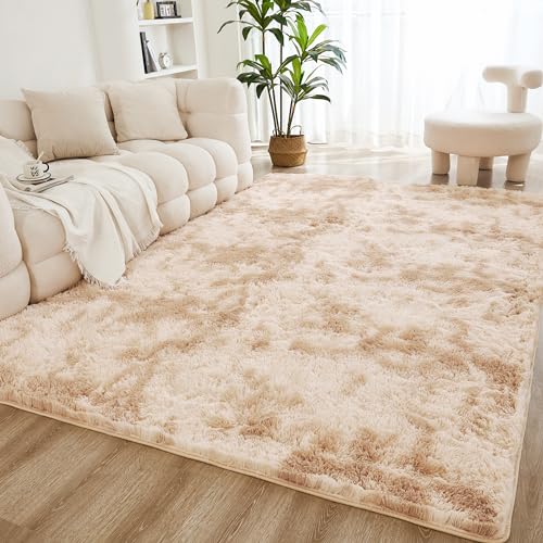 5x8 Tie-Dyed Beige Shag Area Rug, Soft Plush