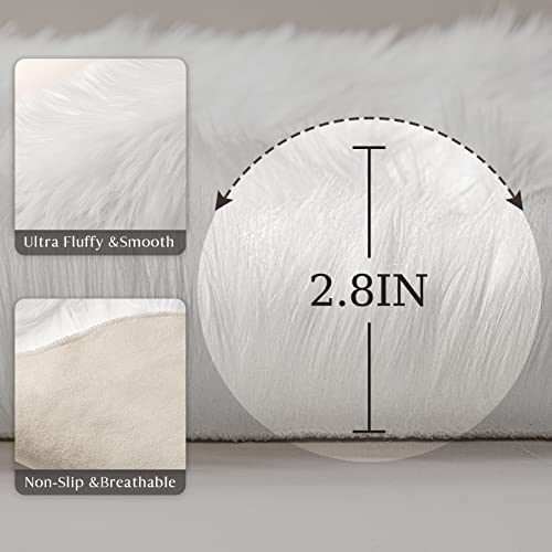 White Faux Fur Sheepskin Rug, Soft 2x3 Ft Machine Washable Rug for Nursery, Bedroom, Living room