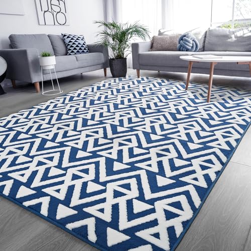 Blue Plush Geometric Area Rug for Bedroom/Living Room