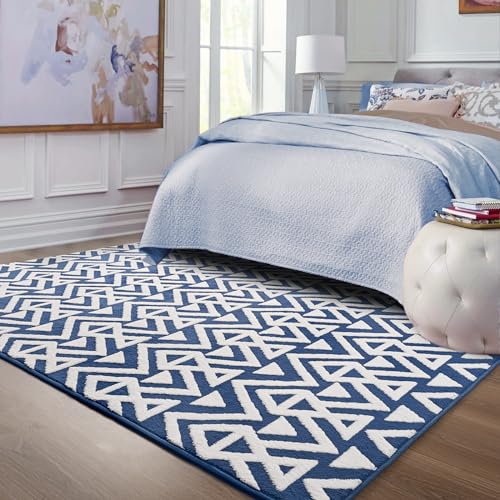 Blue Plush Geometric Area Rug for Bedroom/Living Room