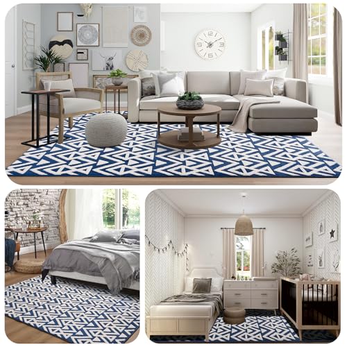 Blue Plush Geometric Area Rug for Bedroom/Living Room