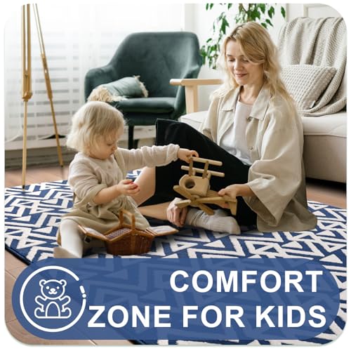 Blue Plush Geometric Area Rug for Bedroom/Living Room