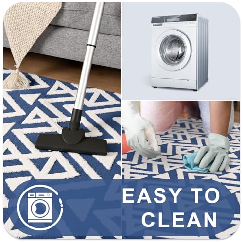 Blue Plush Geometric Area Rug for Bedroom/Living Room