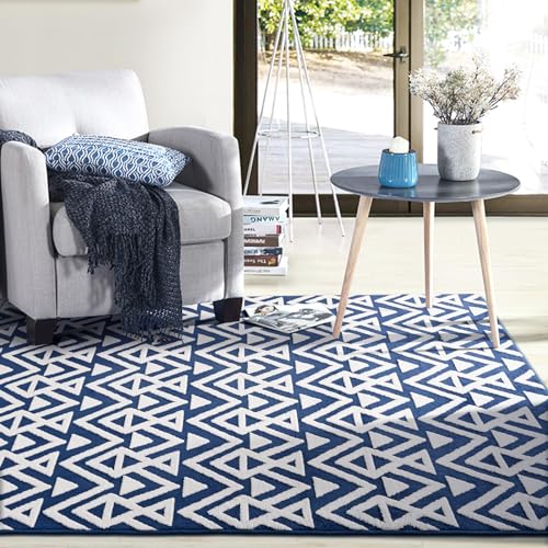 Blue Plush Geometric Area Rug for Bedroom/Living Room