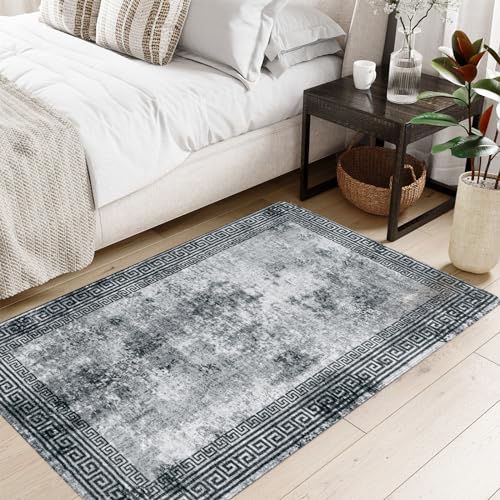 Modern Bordered Washable Rug, 3x5 Soft Non-Slip Accent