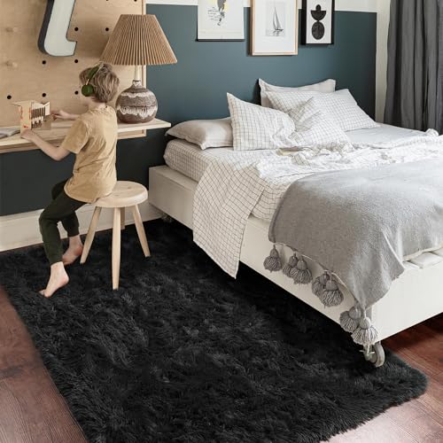 Black Area Rug for Bedroom, Living Room, Kids