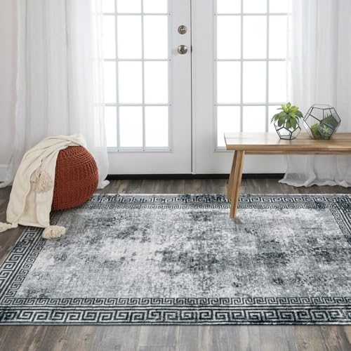 Modern Bordered Washable Rug, 3x5 Soft Non-Slip Accent