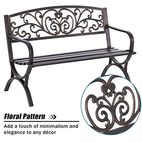 50" Outdoor Floral Pattern Park Bench with Arch Legs