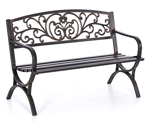 50" Outdoor Floral Pattern Park Bench with Arch Legs