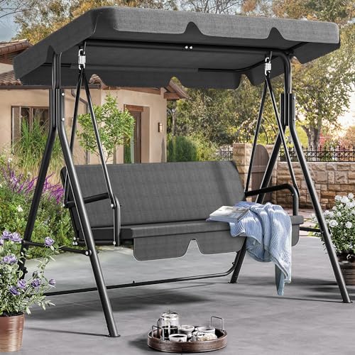 Gray 3-Seat Patio Swing Bench with Adjustable Canopy