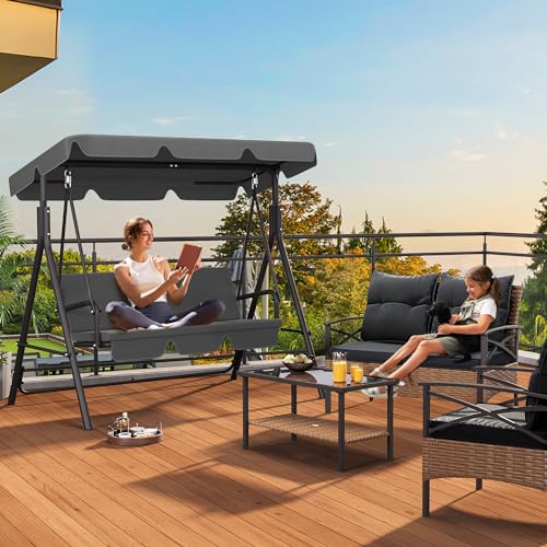 Gray 3-Seat Patio Swing Bench with Adjustable Canopy