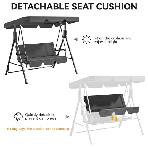 Gray 3-Seat Patio Swing Bench with Adjustable Canopy