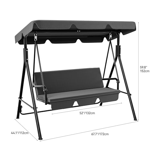 Gray 3-Seat Patio Swing Bench with Adjustable Canopy
