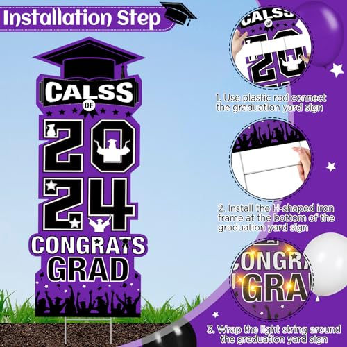 2024 Graduation LED Yard Sign Decorations - Purple/Black