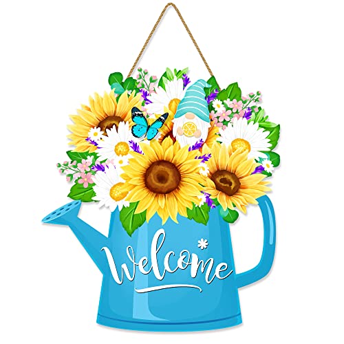 Summer Welcome Door Sign, Watering Can and Sunflower Hanging Sign, Summer Gnome Wooden Sign, Flowers Front Door Decorations Wall Art for Summer Indoor Outdoor Home Yard Garden Decor Blue