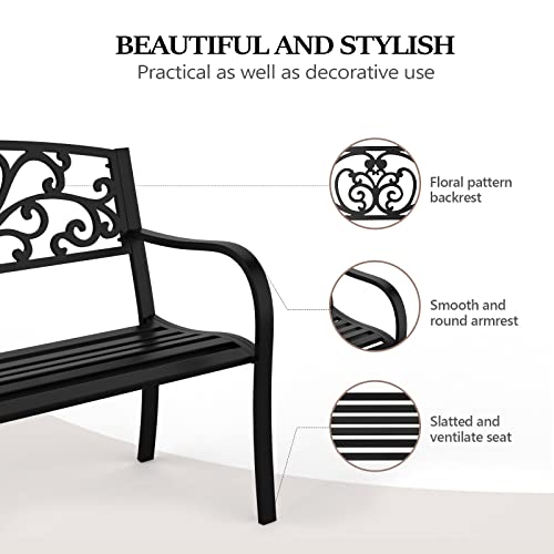 VINGLI Outdoor Bench for Patio Metal Garden Bench w/PVC Back Pattern, Black Park Bench Front Porch Bench for Yard Lawn Decor Deck Entryway (Floral)