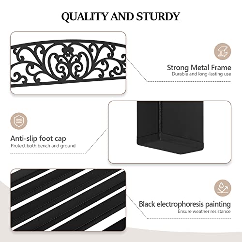 VINGLI Outdoor Bench for Patio Metal Garden Bench w/PVC Back Pattern, Black Park Bench Front Porch Bench for Yard Lawn Decor Deck Entryway (Floral)